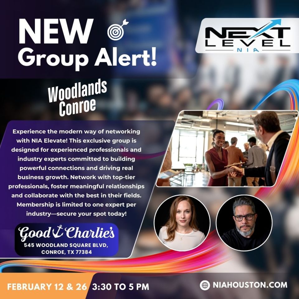 Based on popular demand, we are starting a new NIA group in the Woodlands/Conroe area. Please view the flyer, and if you know anyone who will be a good fit, please invite them. These chairs will go quickly.