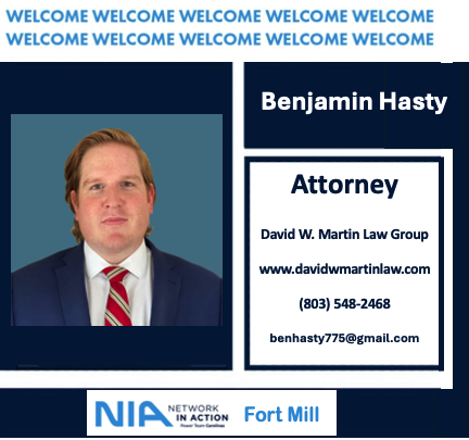 🎉 A Long Overdue Welcome to Ben Hasty! 🎉It’s time to officially welcome Benjamin Hasty, Attorney at David W. Martin Law Group, to Network in Action, Power Team Carolinas! ⚖️Ben has been with us since January, taking over for David W. Martin after David’s well-earned election to the South Carolina State House. While this announcement is long overdue, we couldn’t be more excited to have Ben as part of our team!With his expertise in law and commitment to serving the community, Ben is a fantastic resource for anyone seeking legal guidance in the Fort Mill and Rock Hill areas. His dedication to client success and his willingness to collaborate with fellow professionals make him a valuable addition to our NIA group.📌 Connect with Ben:🌐 www.davidwmartinlaw.com📞 (803) 548-2468📧 benhasty775@gmail.comBen, welcome aboard! We’re looking forward to working with you and watching you thrive within NIA! 🚀#WelcomeToNIA #PowerTeamCarolinas #BusinessConnections #NetworkingThatWorks #LegalExpertise #FortMillSC #RockHillSC