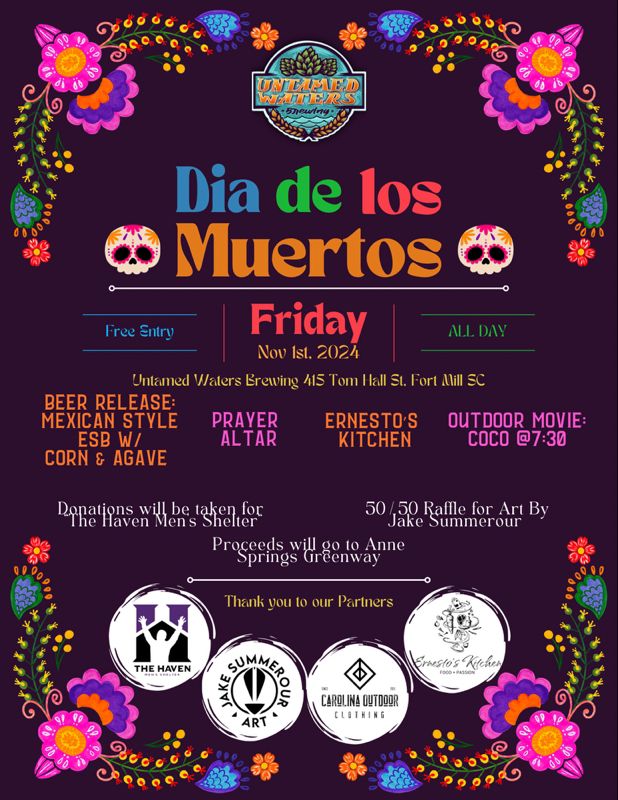 🌟 Exciting News for Network in Action Members! 🌟<br /><br />Join us this Friday at Untamed Waters in Fort Mill for a vibrant and unforgettable Día de los Muertos event in support of The Haven Men's Shelter. Enjoy delicious food, lively entertainment, and connect with fellow Network in Action members—all while making a meaningful impact.<br /><br />📅 **Date:** This Friday<br />⏰ **Time:** 12-9PM<br />📍 **Location:** Untamed Waters, Fort Mill<br /><br />Come celebrate and support a great cause. Let's make a difference together! 💪💀🌺 #TheHavenMensShelter #NetworkInAction #DiaDeLosMuertos #CommunitySupport<br /><br />See you there! 🎉🌟