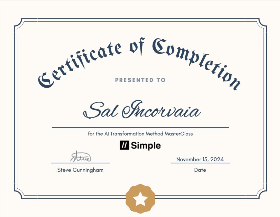 🎉 Excited to share that I’ve officially completed the AI Transformation Method MasterClass by Simple! 🚀This certification represents a major step forward in my mission to provide cutting-edge solutions for my Network in Action (NIA) Power Team Carolinas members and Brendco Group clients. By mastering the latest strategies in AI transformation, I can now offer even more value to professionals and business owners looking to grow their networks, refine their sales processes, and streamline their business operations.💡 Here’s how this benefits YOU:For NIA, Power Team Carolinas: I’ll use AI-driven tools and insights to enhance our mastermind-style networking groups. From crafting more personalized introductions to optimizing referral strategies, I’m dedicated to helping members build deeper, more productive connections in less time.This certification enables me to merge traditional networking and modern AI innovation, creating a unique experience that delivers both immediate results and long-term growth. 🌟 Together, we’ll turn potential into progress.#AITools #BusinessNetworking #PowerTeamCarolinas #BrendcoGroup #SalesSuccess #AIInnovation #ElevateYourNetwork #EmpoweringConnections #AlwaysLearning #GameChanger