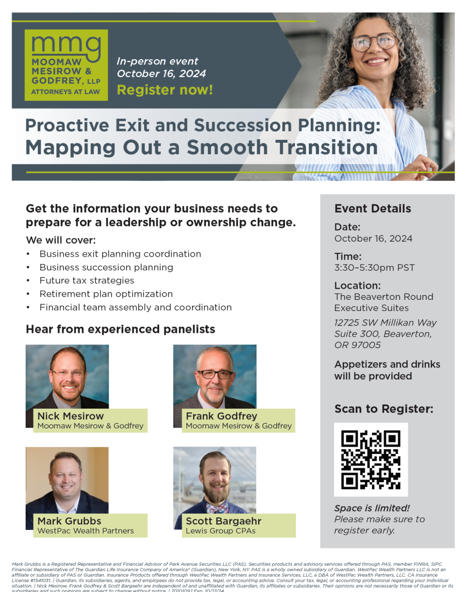 Good morning, everyone! Some of you might remember I mentioned a business owner seminar happening next week in the same room we meet at in Beaverton. This topic of Exit and Succession Planinng is extremely valuable and important for business owners to hear. So if you have any business owner clients that want to exit in the next 5 years or less, make sure they attend this seminar. @[[8580:contact:(Community Builder) Troy Rulmyr]] Can this count as referral points if someone attends from an invite?